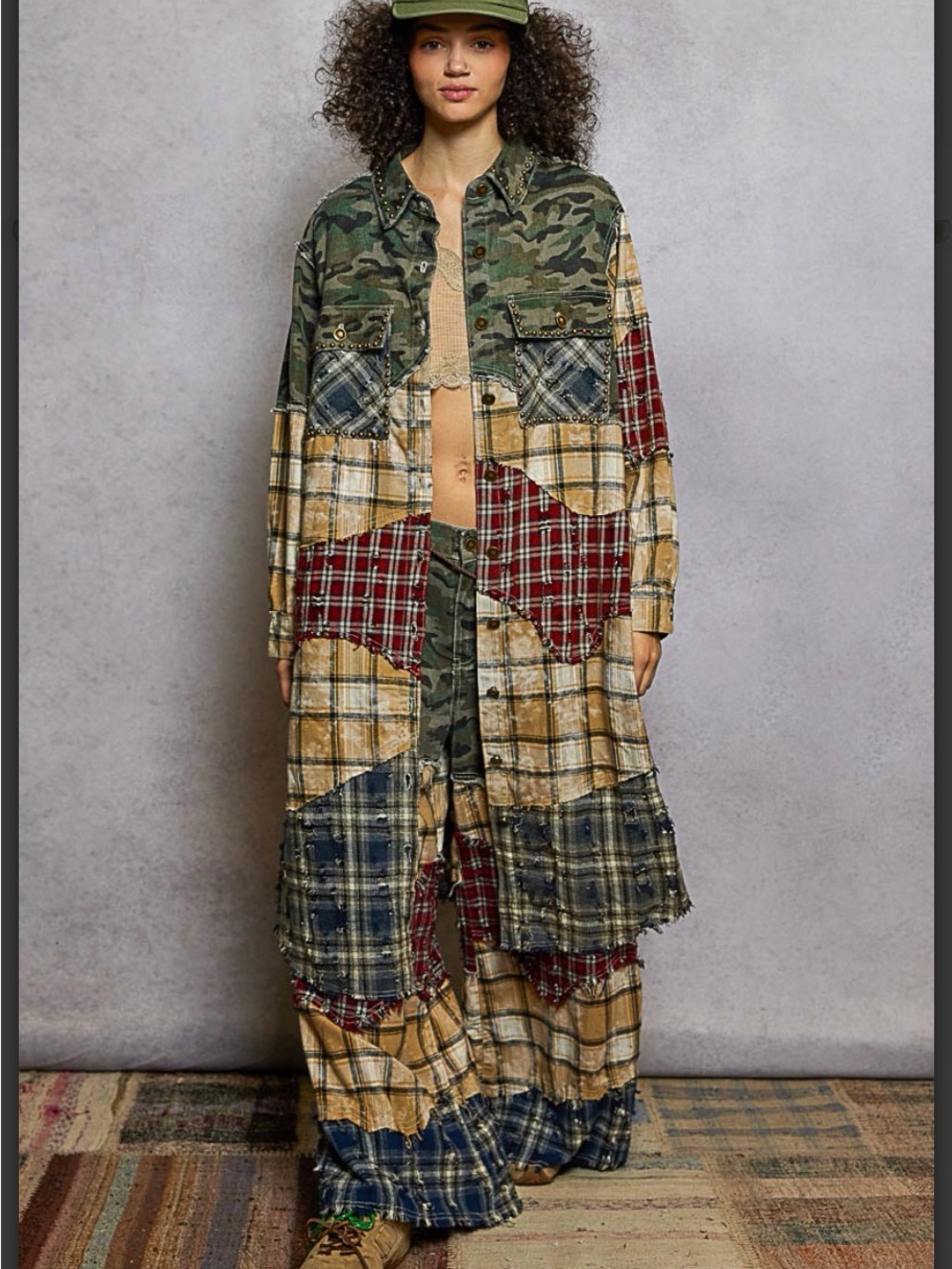 POL Camo Plaid Patchwork 2-Piece Set: Wide Leg Pants & Maxi Jacket - Picture 5 of 16